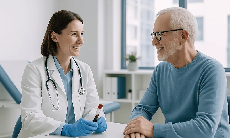 Doctor discussing test results with elderly patient in clinic.