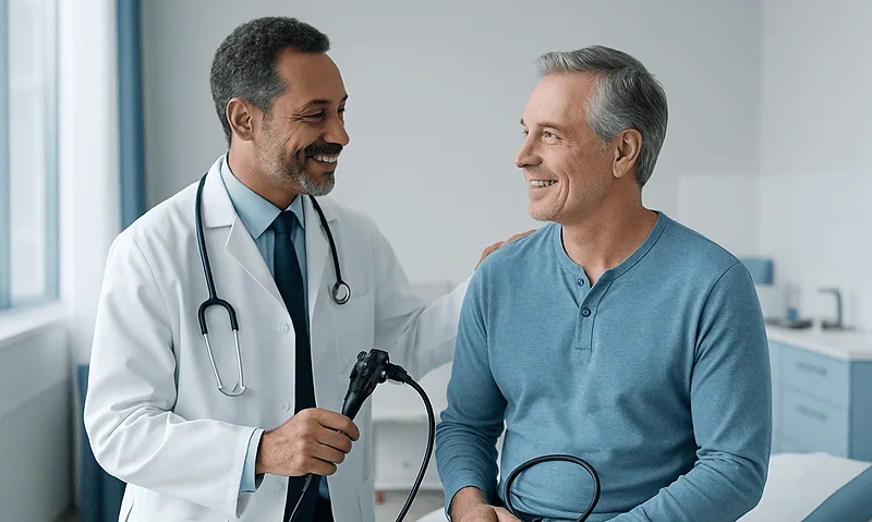 Doctor with stethoscope examining a patient in a hospital room.