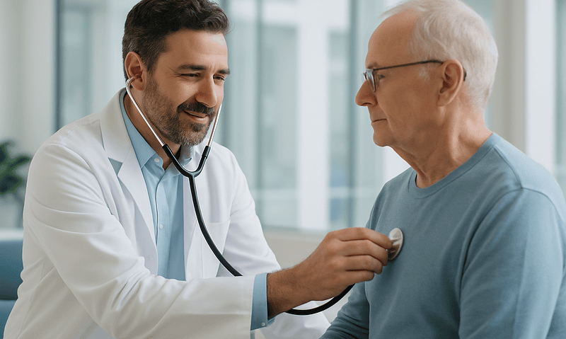 Doctor examining an elderly male patient with a stethoscope in a hospital setting.