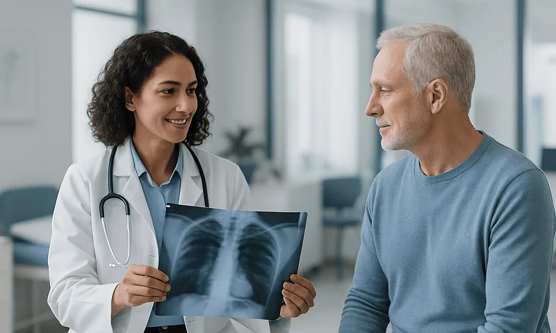 Doctor showing chest X-ray to patient in a medical consultation room.