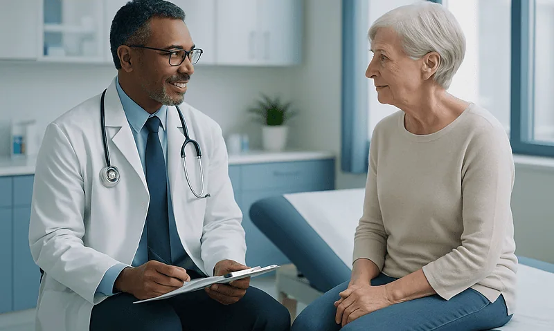 Doctor consulting with elderly patient in a medical office setting.