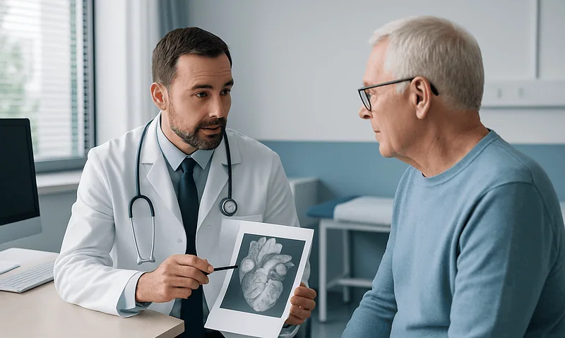Cardiologist explaining heart scan to senior patient in clinic.