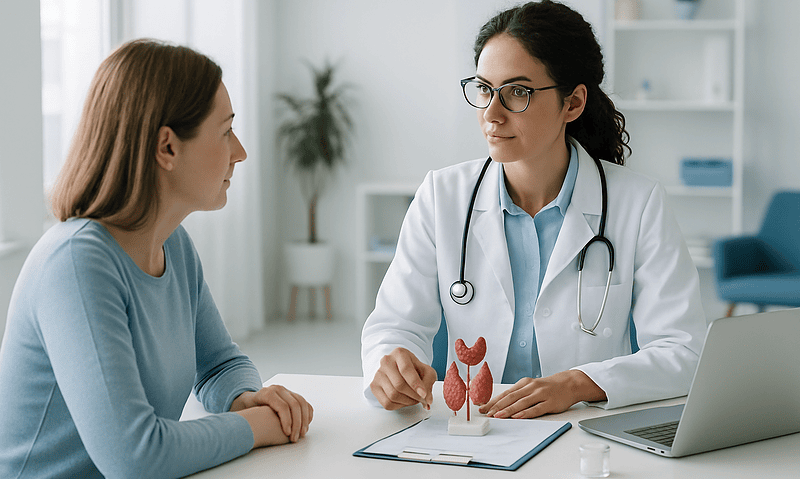 Doctor consulting with patient about thyroid health in a medical office.