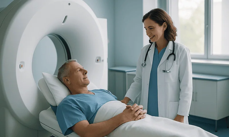 Doctor and patient in MRI scan room at Acibadem Hospitals Group.