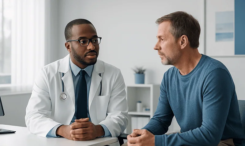 Doctor consulting with male patient about erectile dysfunction treatment options.