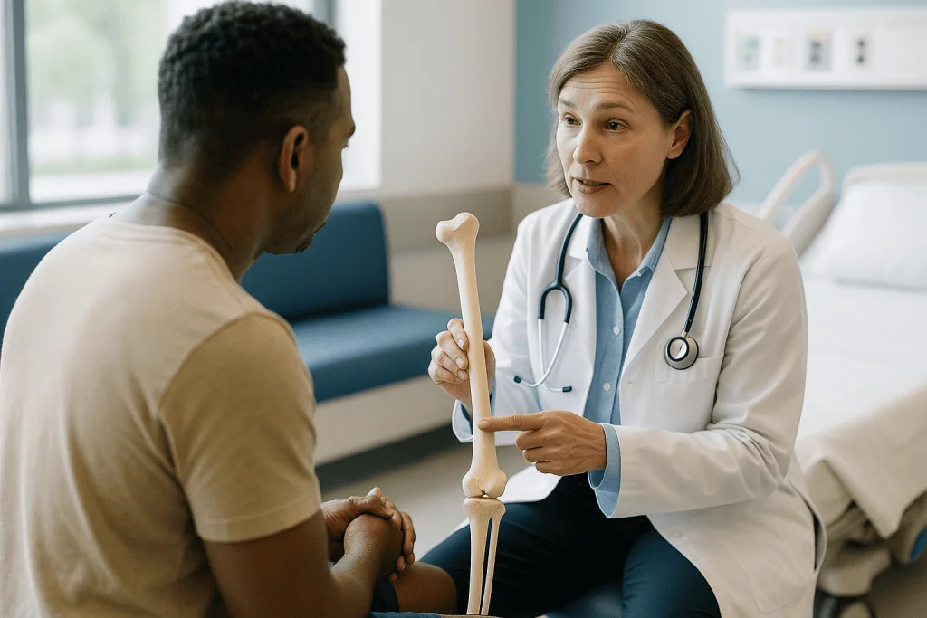 Doctor consulting patient with bone model in clinic: The cut: why the bone is broken on purpose
