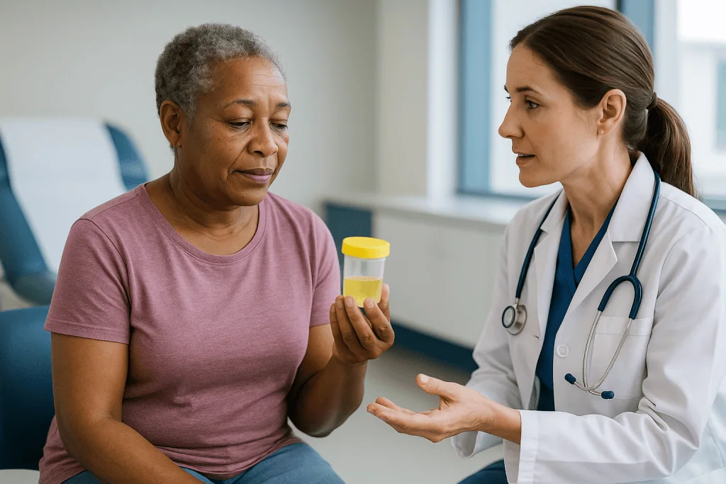 Doctor discussing urine sample with patient in clinic: The cystoscopy urine test before the procedure: why it matters so muc