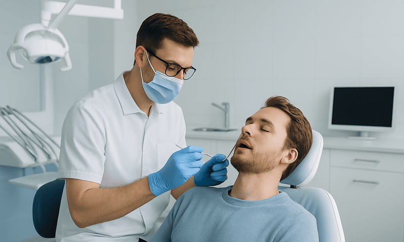 Dentist performing oral exam on patient in dental clinic.