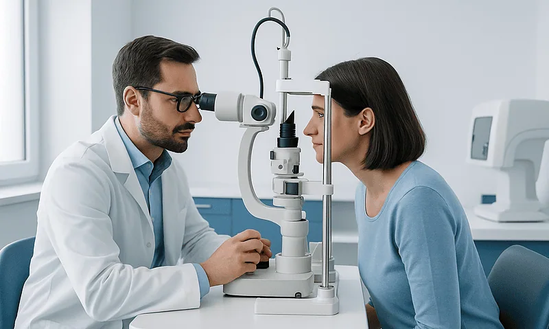 Optometrist examines patient's eyes with slit lamp in clinic.