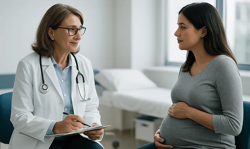 The Days Before Fetal Surgery: Confirming the Diagnosis, Fasting and Arranging a Longer Stay 4 Pregnant woman consulting with a doctor in a hospital setting.