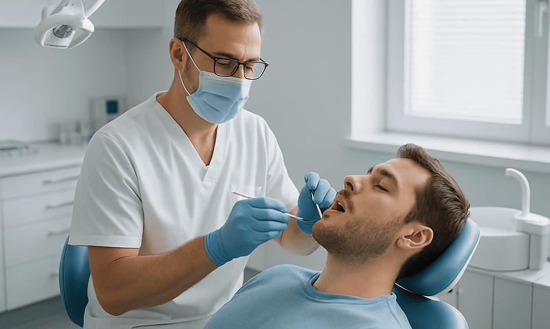 Dentist performing dental examination on patient in clinic.