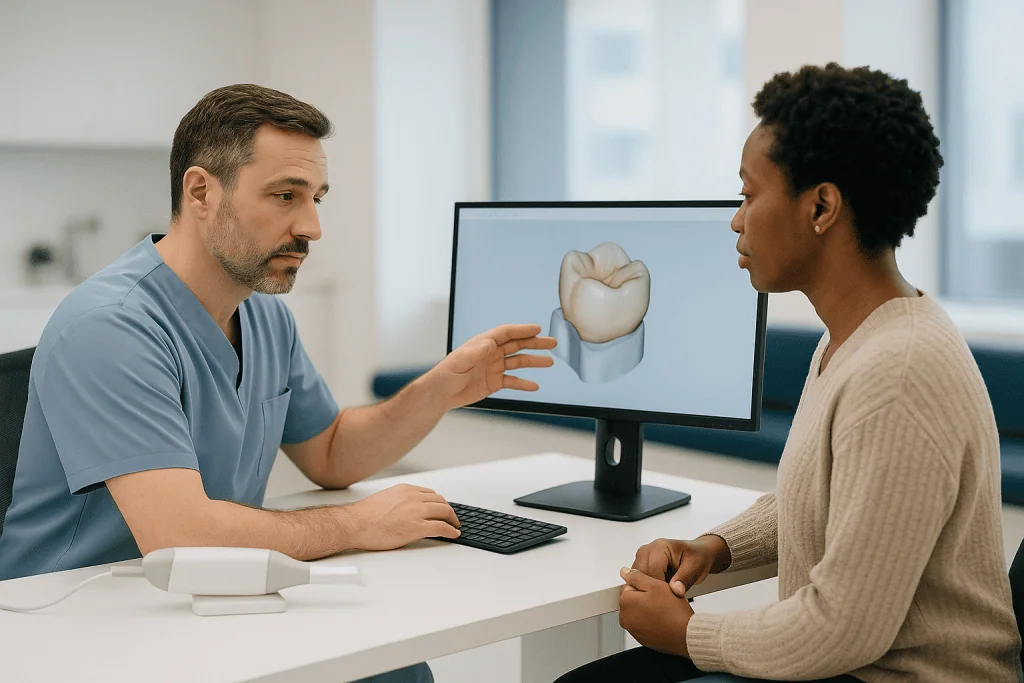 Dentist consulting patient about digital tooth design: The design stage: how CAD software plans your crown or implant