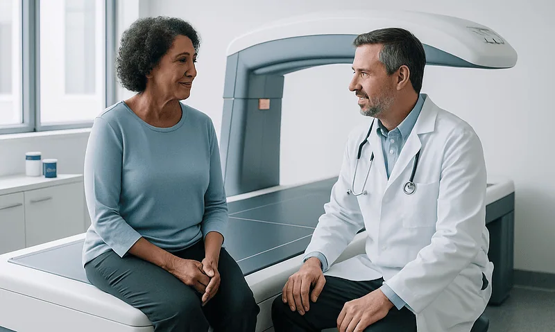 Patient and doctor discussing DEXA scan results in a medical clinic.