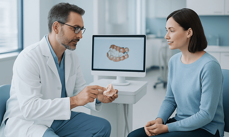 Dentist explaining dental model to patient in clinic setting.