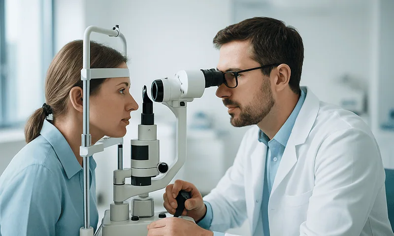 Optometrist examines patient's eye with slit lamp in clinic.