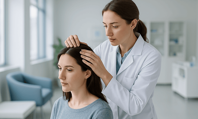 Doctor examining patient's scalp in a medical clinic setting.