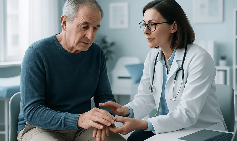 Doctor examining elderly patient's hand in a medical consultation.