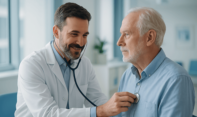 Doctor performing an echocardiogram on an elderly male patient.