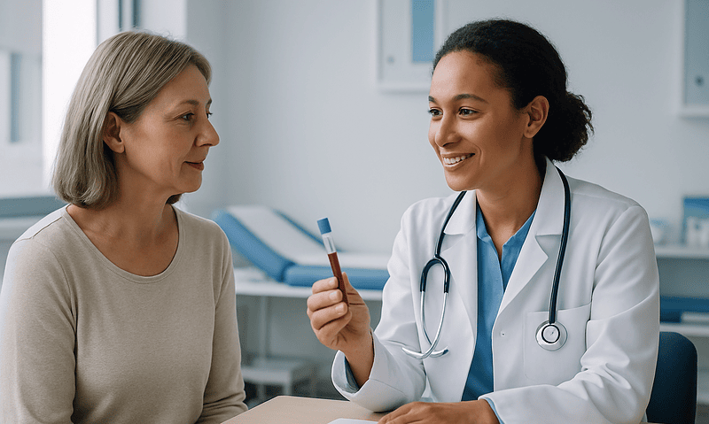 Doctor explaining Estradiol test to a patient in a clinic setting.