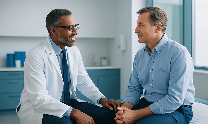 Doctor and patient having a consultation in a modern clinic setting.