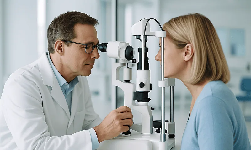 Ophthalmologist performing eye exam with slit lamp microscope.