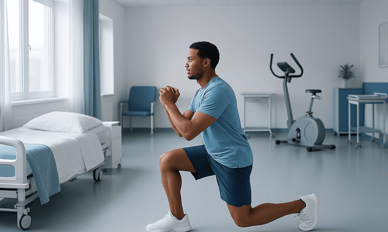 Man performing lunges in a hospital room for physical therapy.