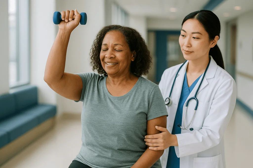 Doctor supervising patient doing dumbbell arm exercise — The final fracture healing stage: remodeling, which you will never f