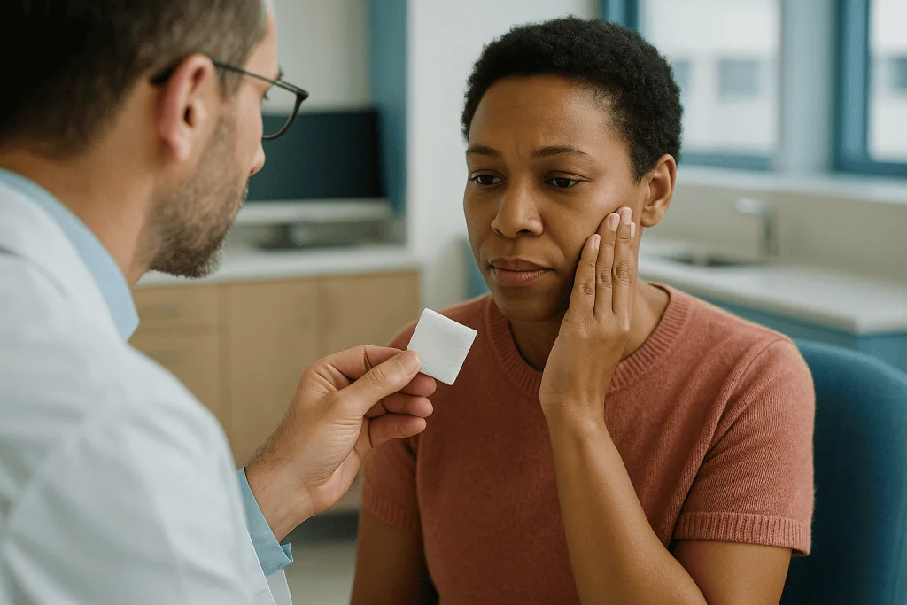 Doctor showing sample to patient in clinical setting: The first 24 hours after a tooth is pulled: protecting the clot