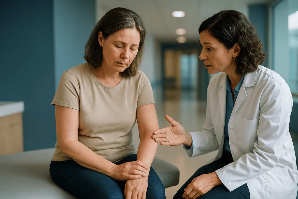 Doctor examining patient's arm in clinical setting: The first 24 hours: redness, warmth and a heavy ache