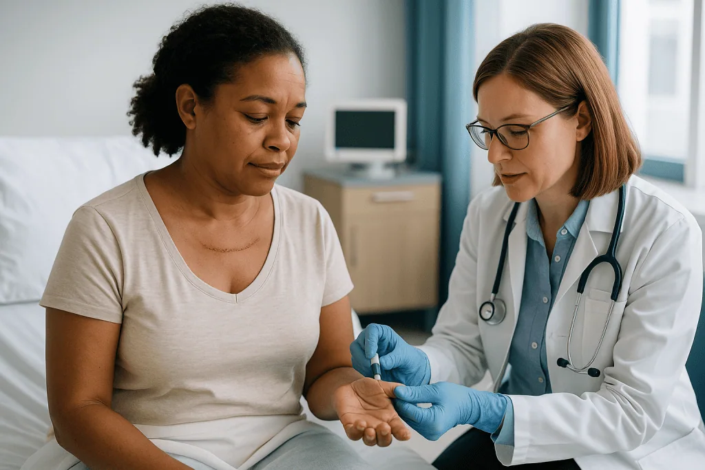 Doctor examining patient's hand in clinical setting: The first 24 hours: the incision, your voice and the first calcium chec