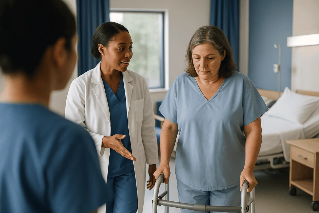 Doctor assisting patient with walker in hospital room: The first 24 hours: waking, the first walk and going home