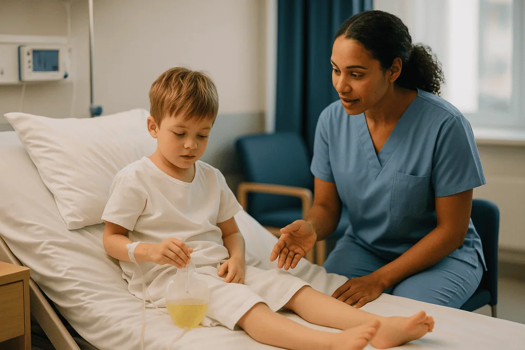 Healthcare provider examining child patient's leg in hospital bed: The first 24 hours: waking up, the catheter and the first
