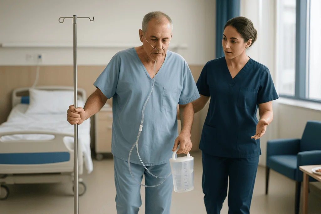 Patient with chest drain walking with nurse support: The first 24 hours: waking up, the drain, and the first steps