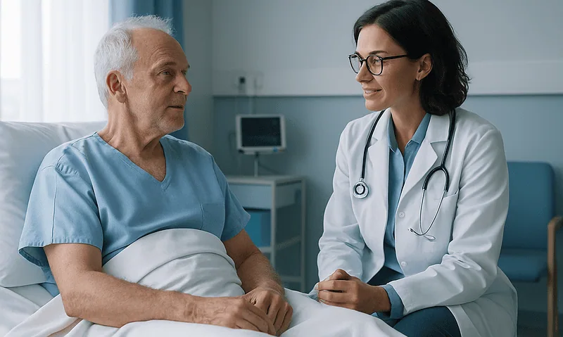 Doctor consulting with elderly patient in hospital room.