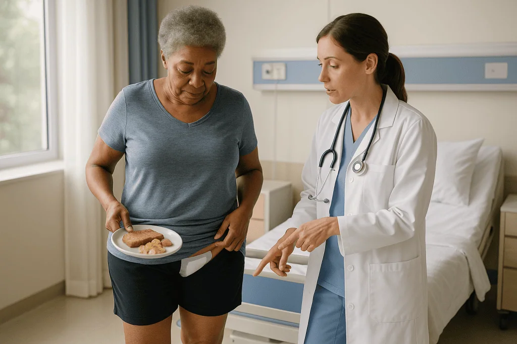 Doctor discussing diet with patient in hospital room: The first 48 hours at home: groin care, walking and small surprises