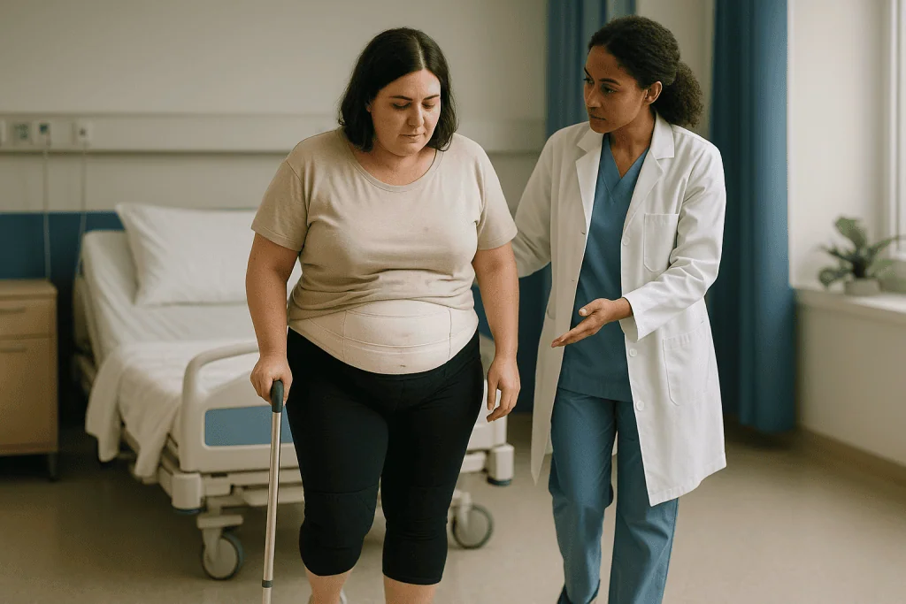 Doctor supervising patient's early mobility after surgery: The first 48 hours: drainage, numbness and the first walk