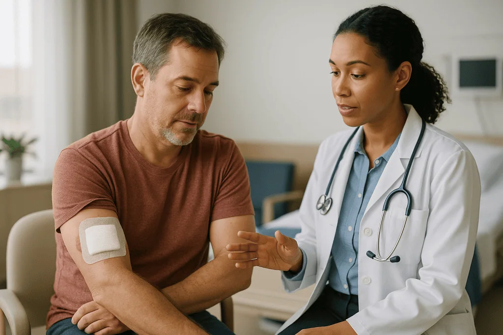 Doctor examining patient's arm bandage in clinic: The first 48 hours: pressure dressing, oozing and bruising