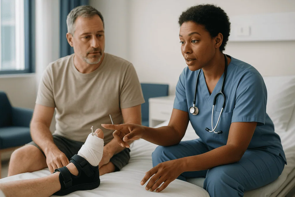 Healthcare provider examining patient's bandaged foot injury: The first 48 hours: the surgical shoe, the dressing and the pi
