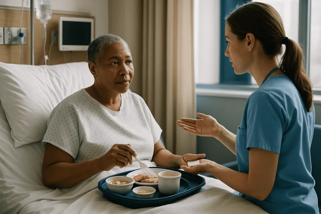 Healthcare worker consulting with patient during meal: The first 48 hours: what the hospital days actually look like