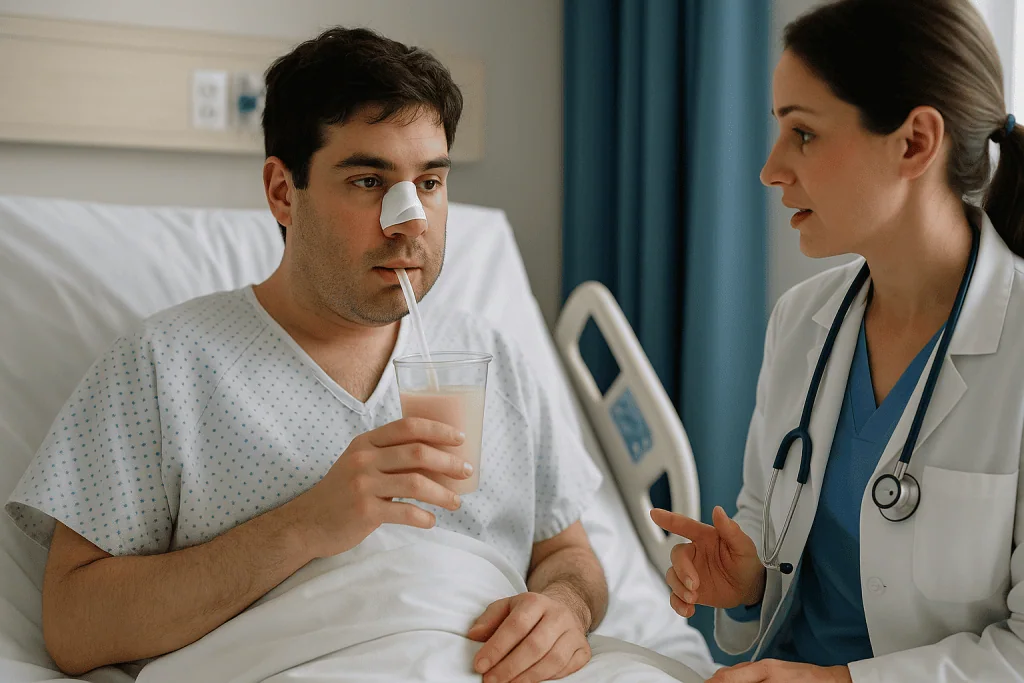Patient with nose bandage drinking beverage, consulting with doctor: The first 72 hours: hospital, airway and the start of s