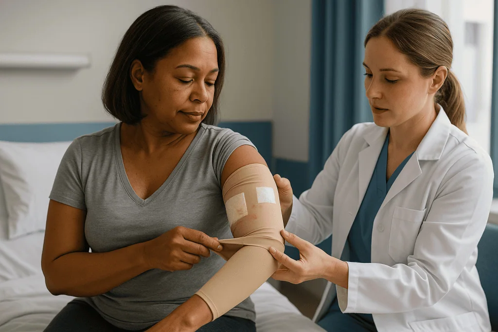 Medical professional examining patient's bandaged arm: The first 72 hours: leaking fluid, dressings and the sleeve going on