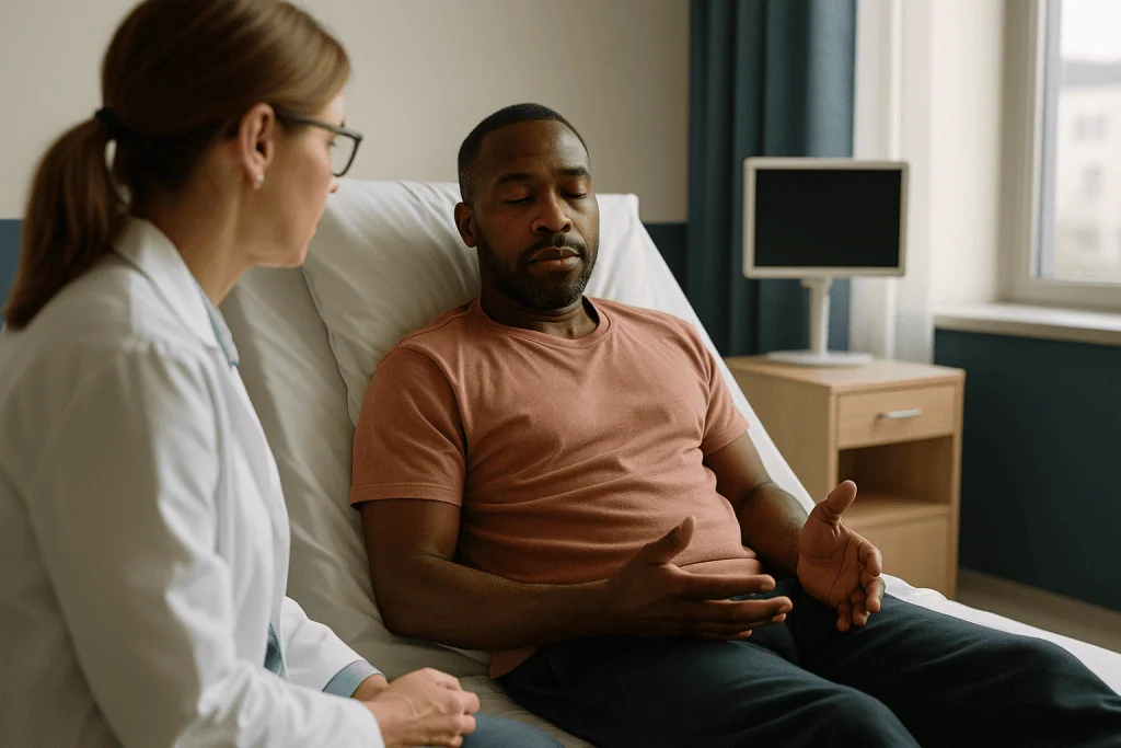 Doctor consulting male patient in hospital bed: The first 72 hours: what improving should actually feel like