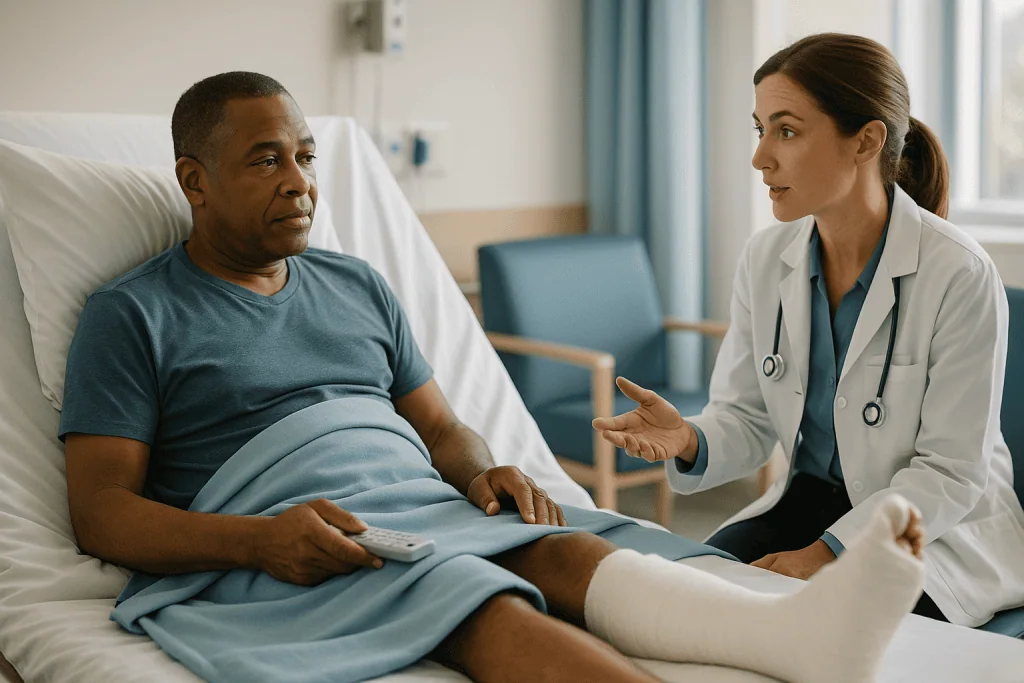 Doctor consulting with patient in hospital bed — The first days after surgery: cast, elevation, and pain control