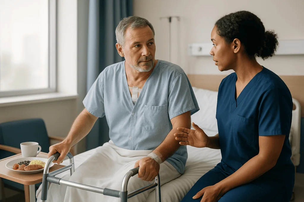 Healthcare worker consulting with patient in hospital room: The first days: from intensive care to the ward