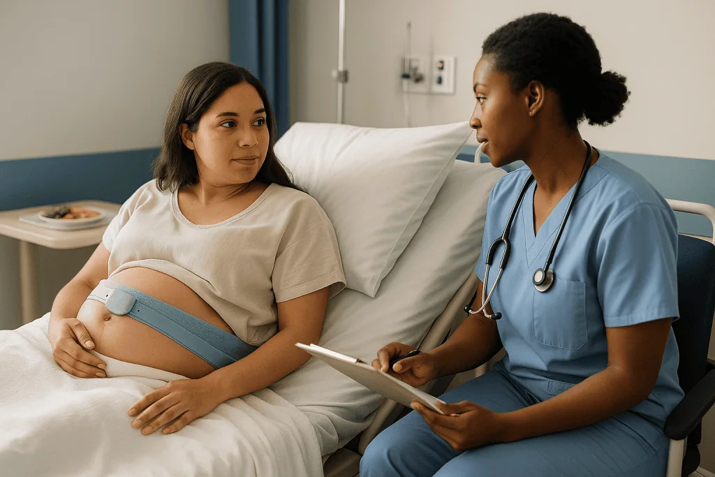 Pregnant woman consulting with healthcare provider in hospital: The first days: what the hospital stay looks like