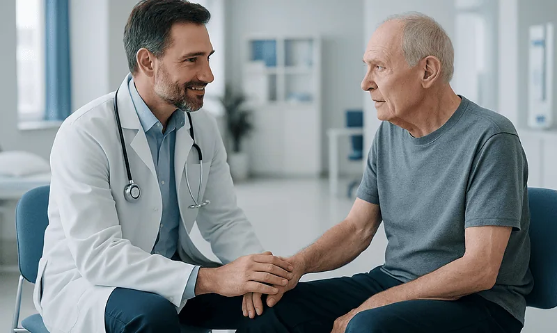Doctor consulting with elderly patient in a modern hospital setting.