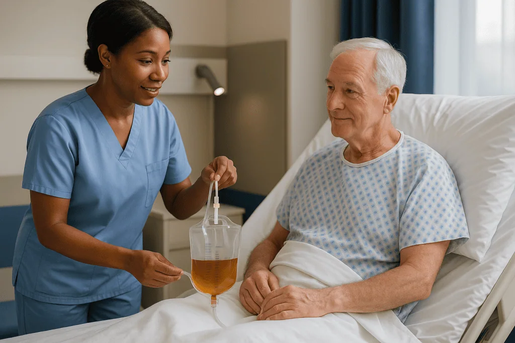 Healthcare worker assisting patient with IV fluid bag: The first night on the ward: what a normal catheter bag looks like