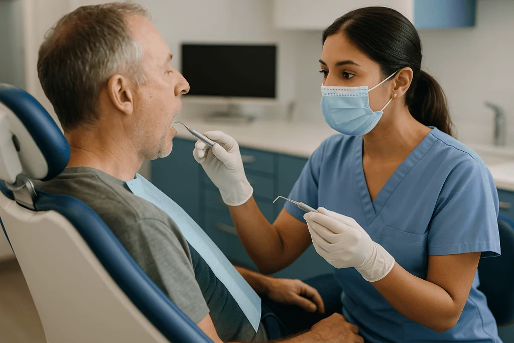 Dentist examining patient's mouth with dental instruments: The first step for most people: a professional scale and polish