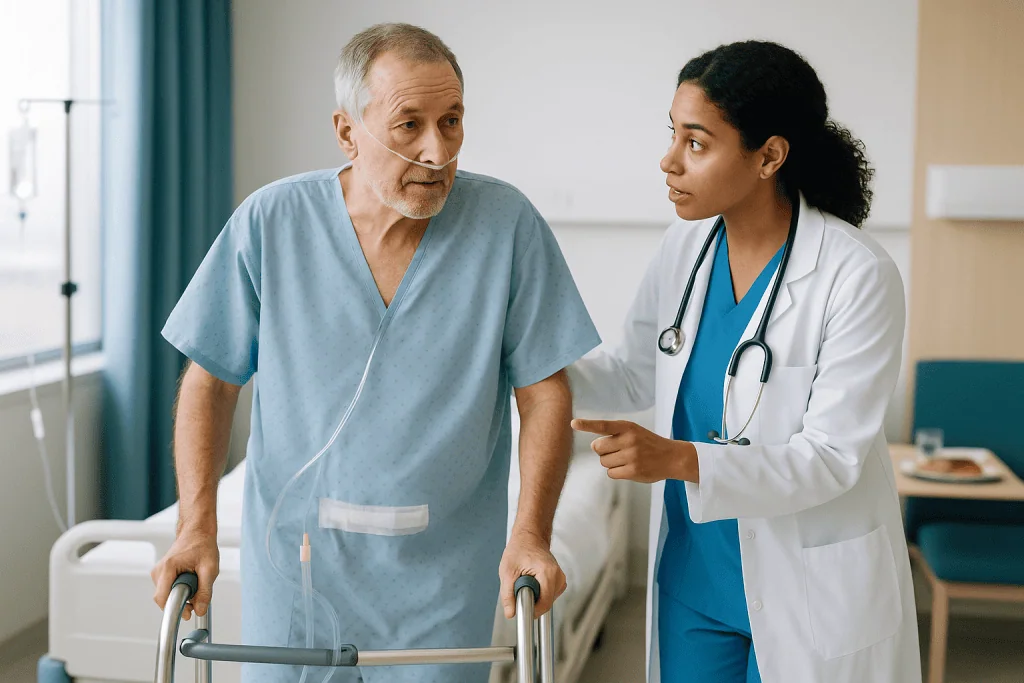 Doctor consulting elderly patient with walker in hospital room: The first two days: tubes, pain relief and why you will be a