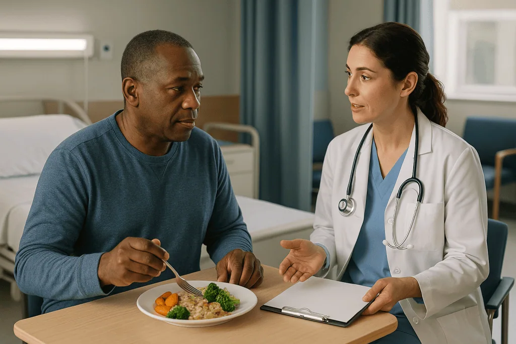 Doctor consulting patient about meal during hospital visit: The first two weeks at home: what to eat after colon resection